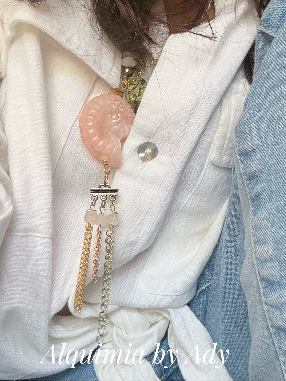 Rose Pink quartz Ammonite Pendant Necklace with Mixed Metal Tassels
